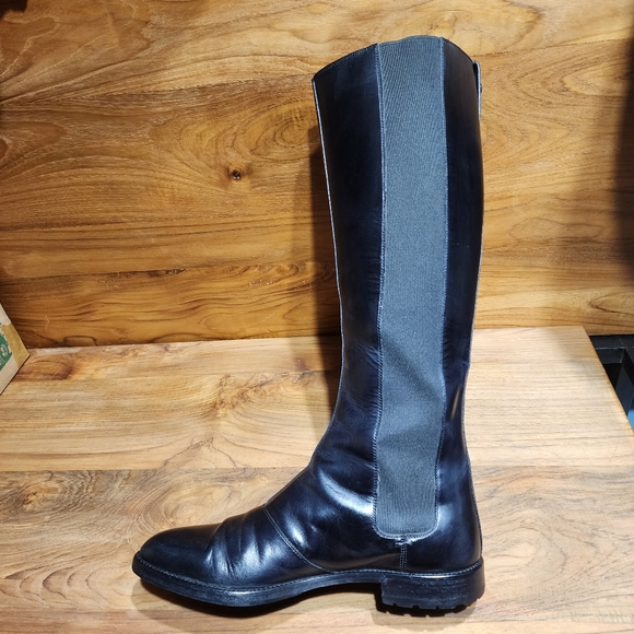 SERGIO ROSSI Black Leather And Elastic Detail Knee Length Boots Size 37½ - Picture 2 of 7